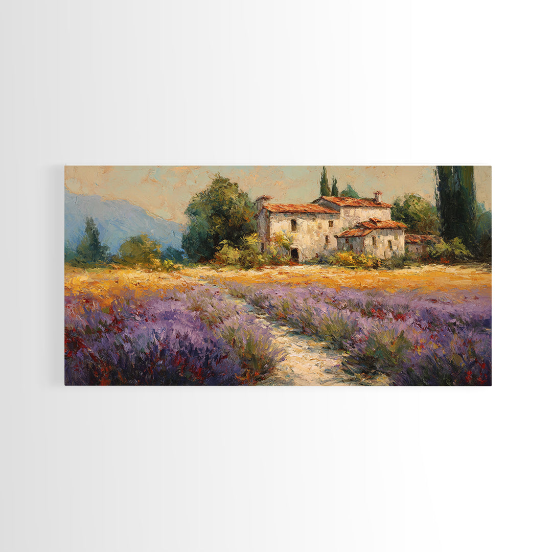 Lavender Field with Distant Stone Farmhouse Canvas Print, French Country Art, Minimalist Decor, Farmhouse Decor, Country, FCA-2x1-93