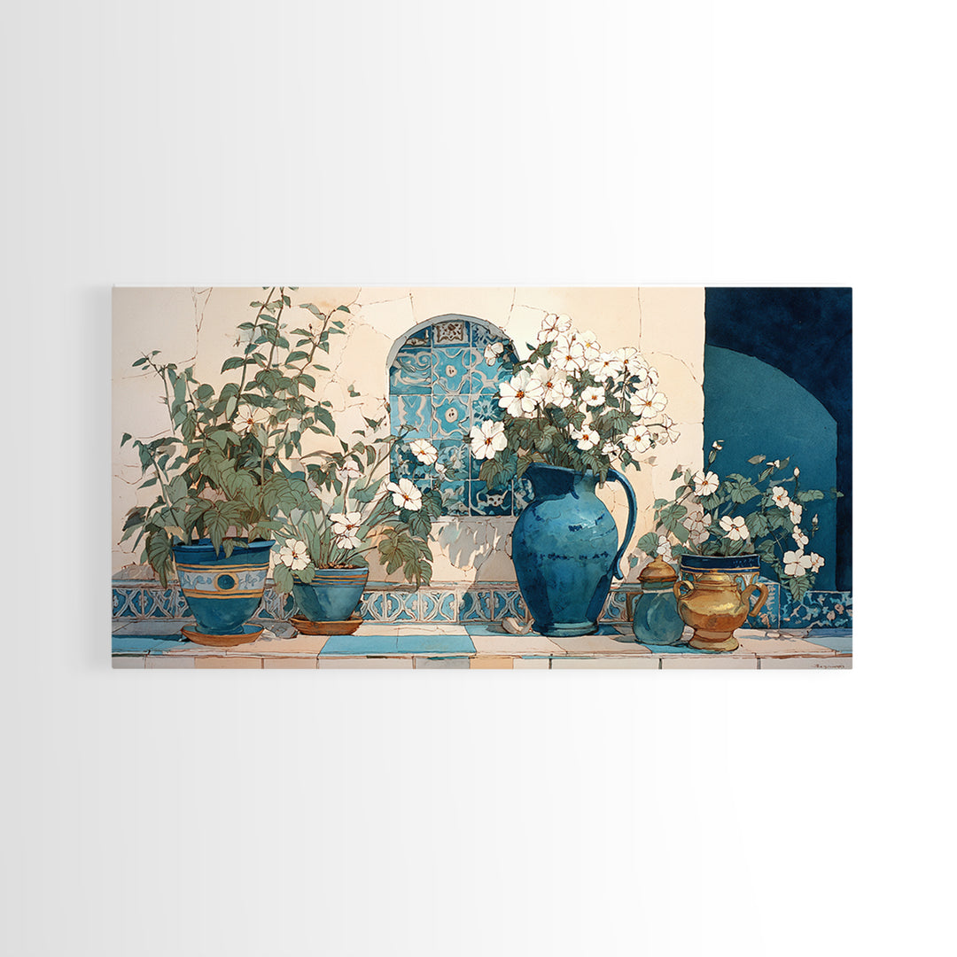 Blue and White Ceramic Pitcher Framed Canvas Print, French Country Art, French Country Decor, Farmhouse Decor, Oil Painting, FCA-2x1-95