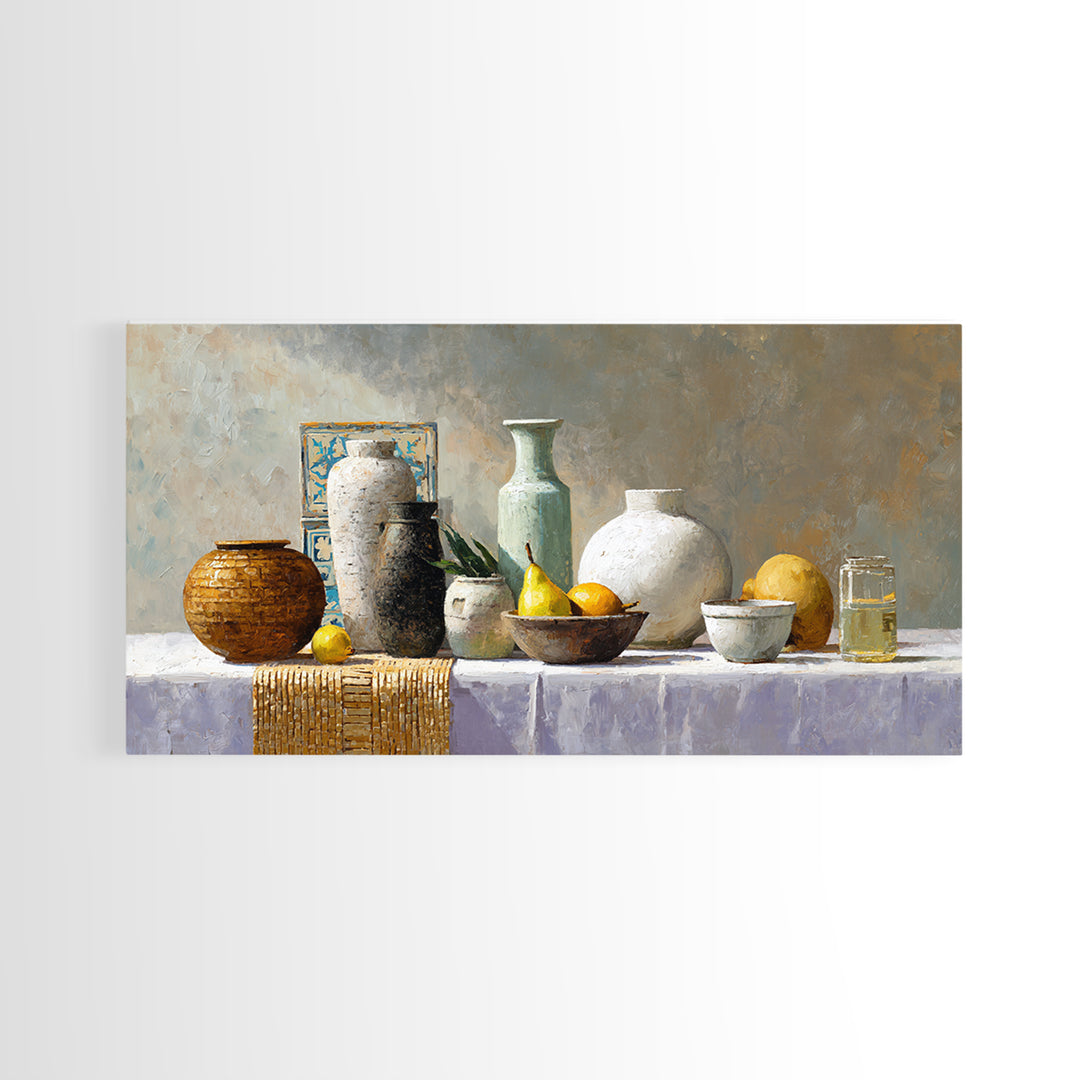 Pear Still Life on Linen Tablecloth Framed Canvas Print, French Country Art, Digital Art Prints, Farmhouse Decor, Country, FCA-2x1-96