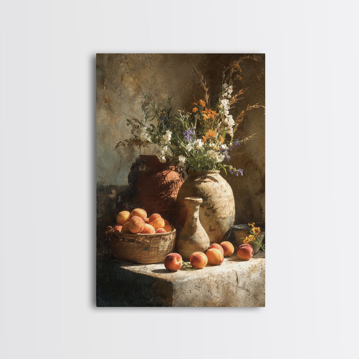 Basket of Fresh Peaches and Wildflowers Canvas Print, French Country Art, Floral Wall Art, Farmhouse Decor, Country, FCA-2x3-100