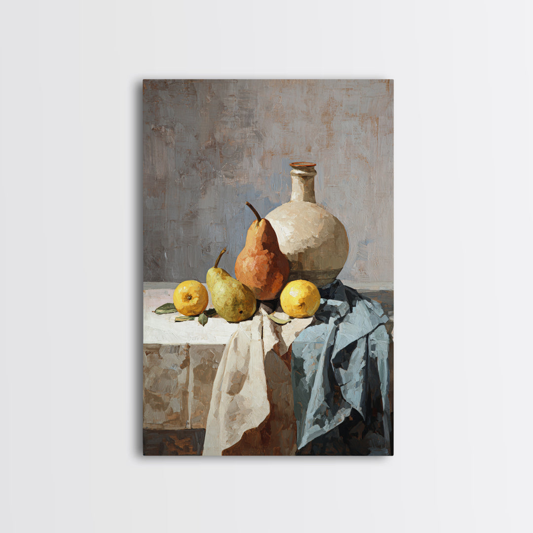 Pear Still Life on Linen Tablecloth Framed Canvas Print, French Country Art, Downloadable Art, Farmhouse Decor, Country, FCA-2x3-12