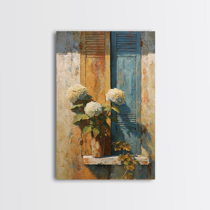 Soft Hydrangeas Beside Antique Shutters Canvas Print, French Country Art, Original Painting, Farmhouse Decor, Fine Art, Country, FCA-2x3-16