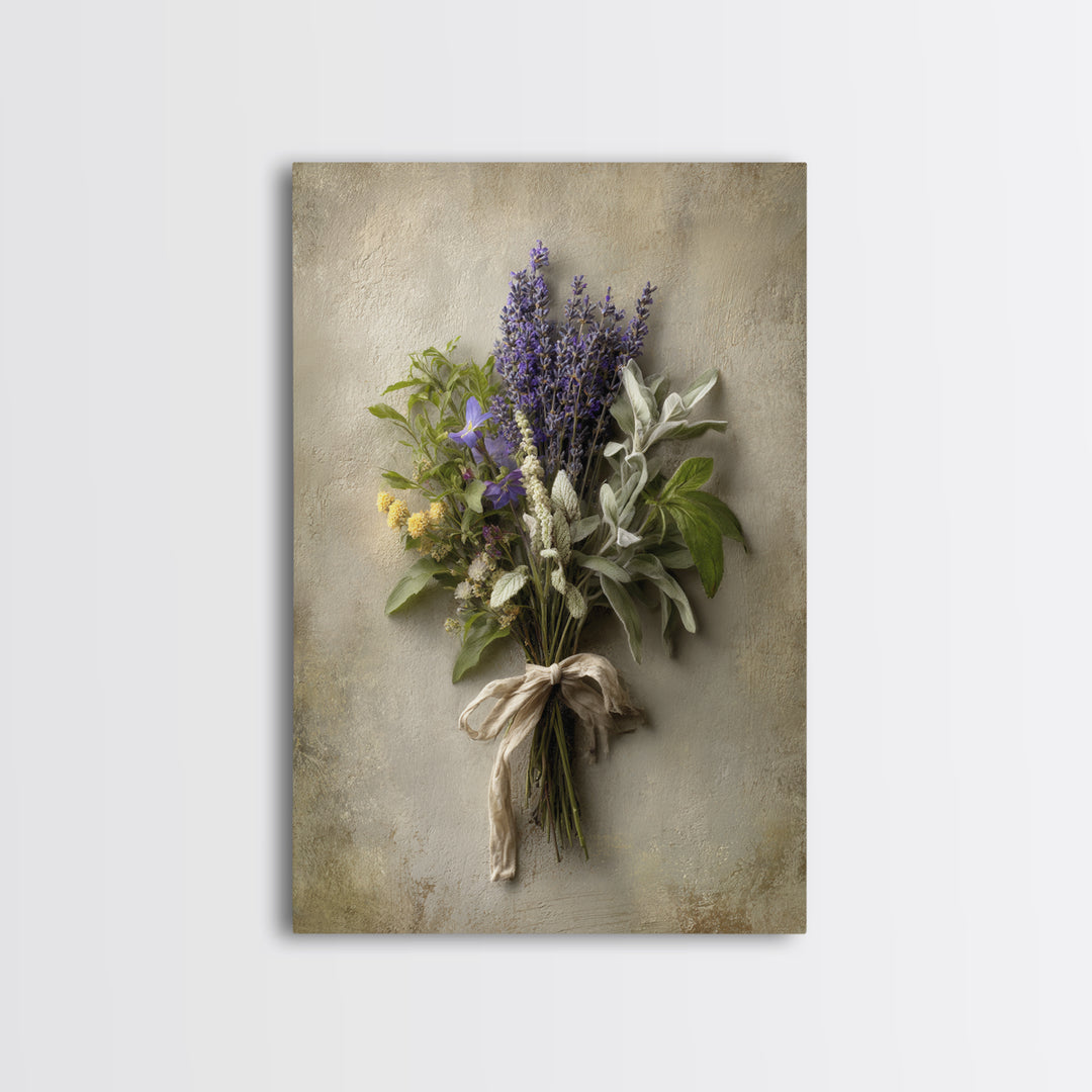 Farmhouse Kitchen Herbs Tied Framed Canvas Print, French Country Art, Above Bed Art, Farmhouse Decor, Oil Painting, Country, FCA-2x3-21