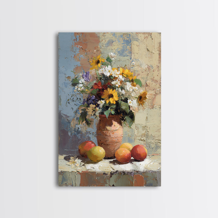 Basket of Fresh Peaches and Wildflowers Canvas Print, French Country Art, Textured Painting, Farmhouse Decor, Country, FCA-2x3-28