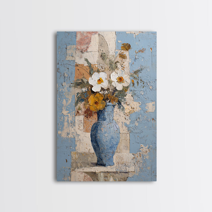 Blue and White Ceramic Pitcher Canvas Print, French Country Art, Botanical Wall Art, Farmhouse Decor, Watercolor Art, Country, FCA-2x3-35