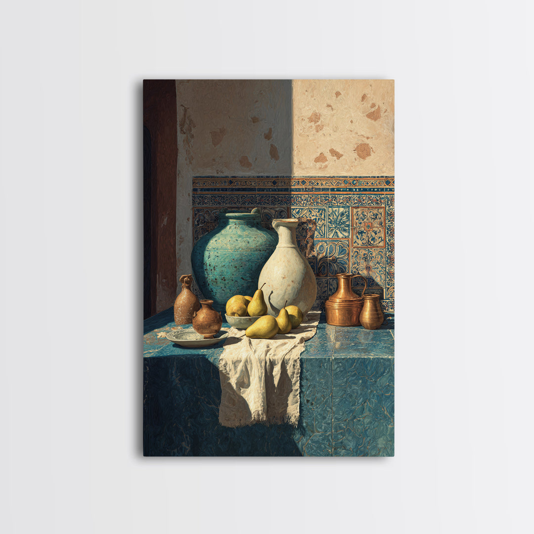 Pear Still Life on Linen Tablecloth Framed Canvas Print, French Country Art, Farmhouse Decor, Abstract Art, Country, FCA-2x3-36