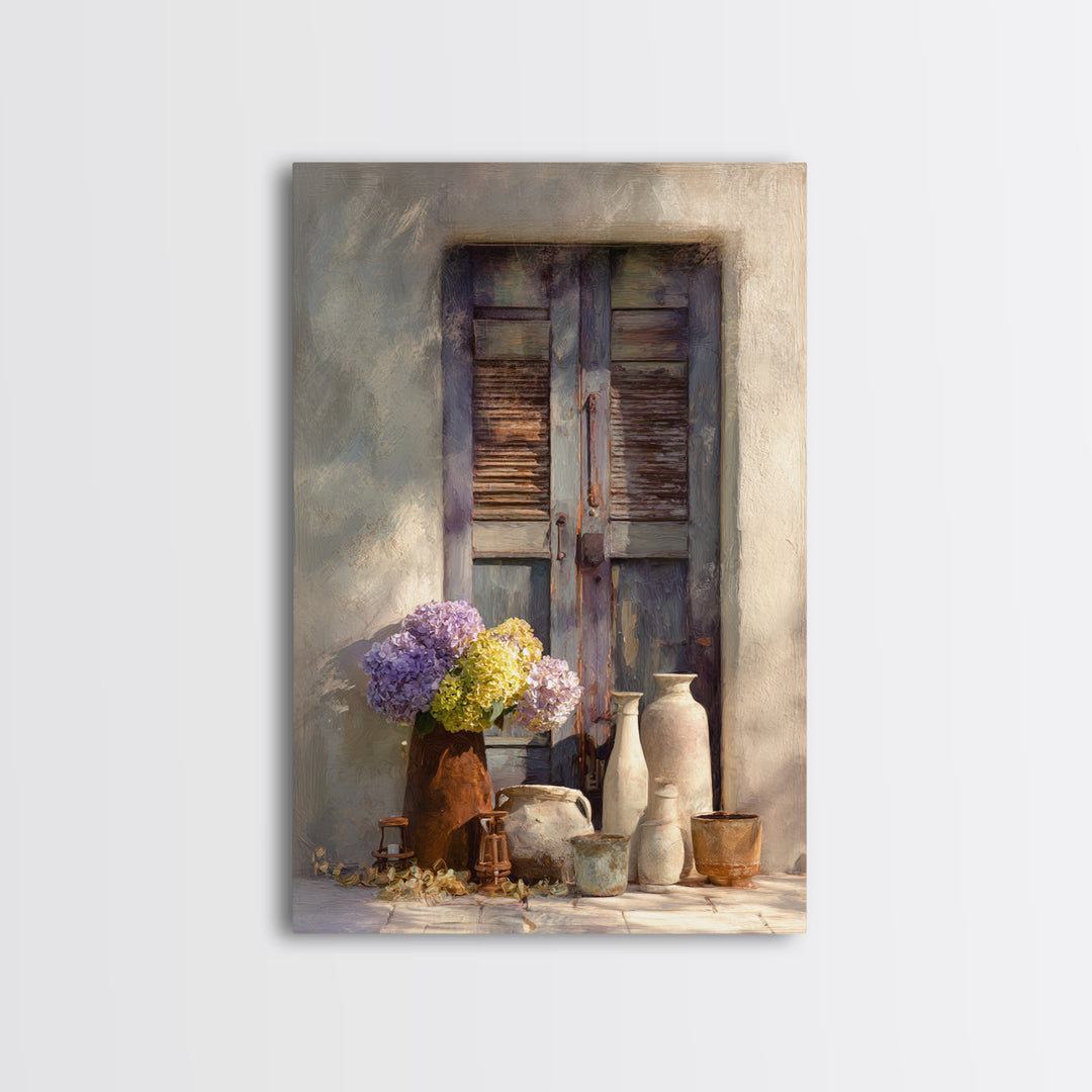 Soft Hydrangeas Beside Antique Shutters Canvas Print, French Country Art, Botanical Prints, Farmhouse Decor, Fine Art, Country, FCA-2x3-40