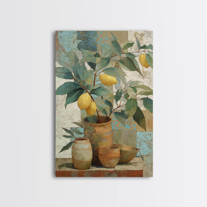 Aged Botanical Plate of Lemons and Leaves Framed Canvas Print, French Country Art, Farmhouse Decor, Watercolor Art, Country, FCA-2x3-44
