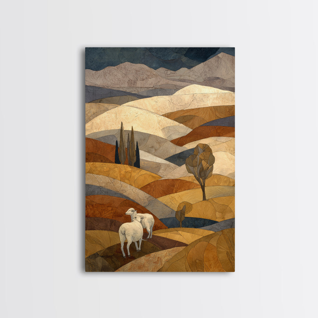 Pastoral Sheep in Rolling Countryside Framed Canvas Print, French Country Art, Home Decor, Farmhouse Decor, Fine Art, Country, FCA-2x3-46