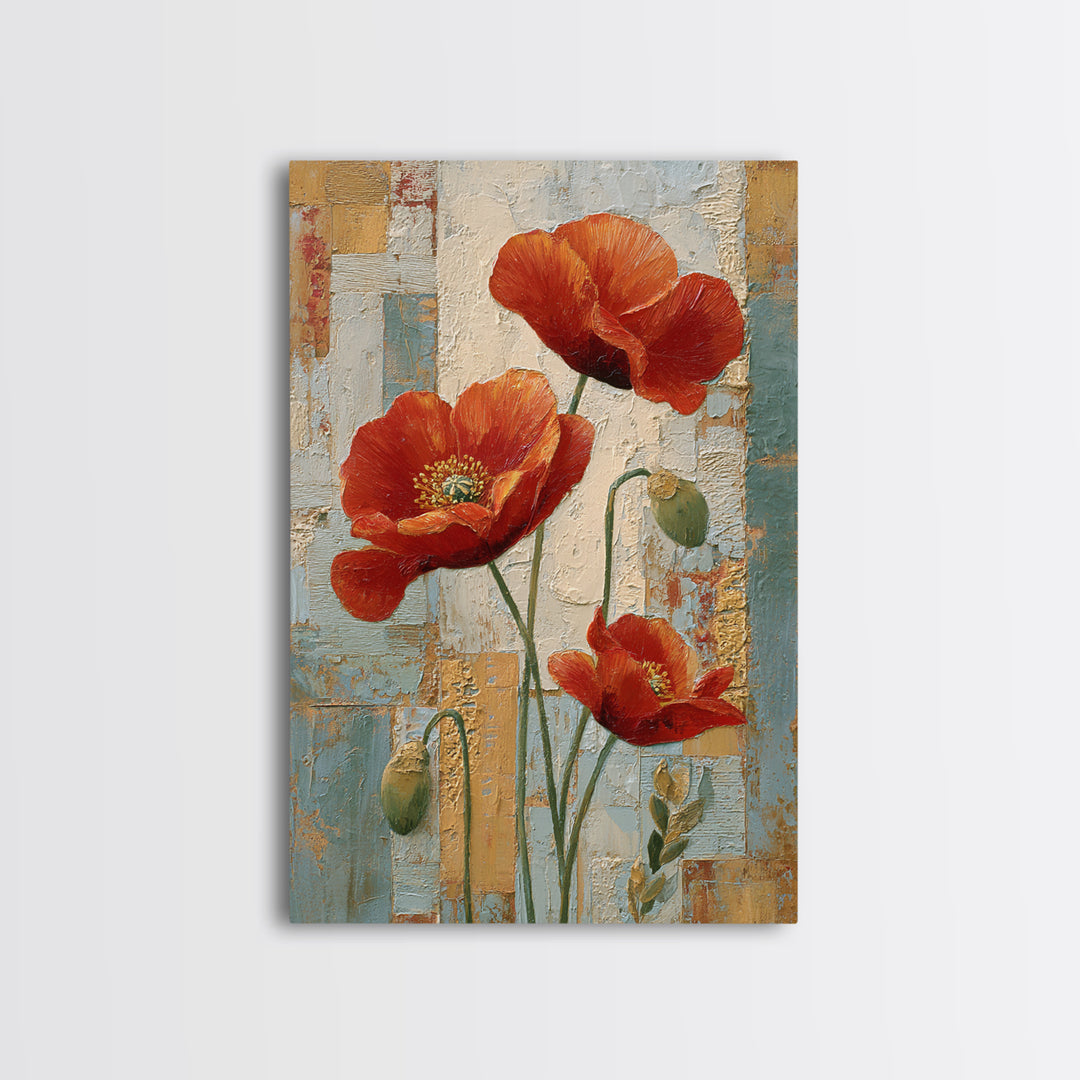Poppies Beside a Stone Garden Wall Framed Canvas Print, French Country Art, French Country Decor, Farmhouse Decor, Country, FCA-2x3-47