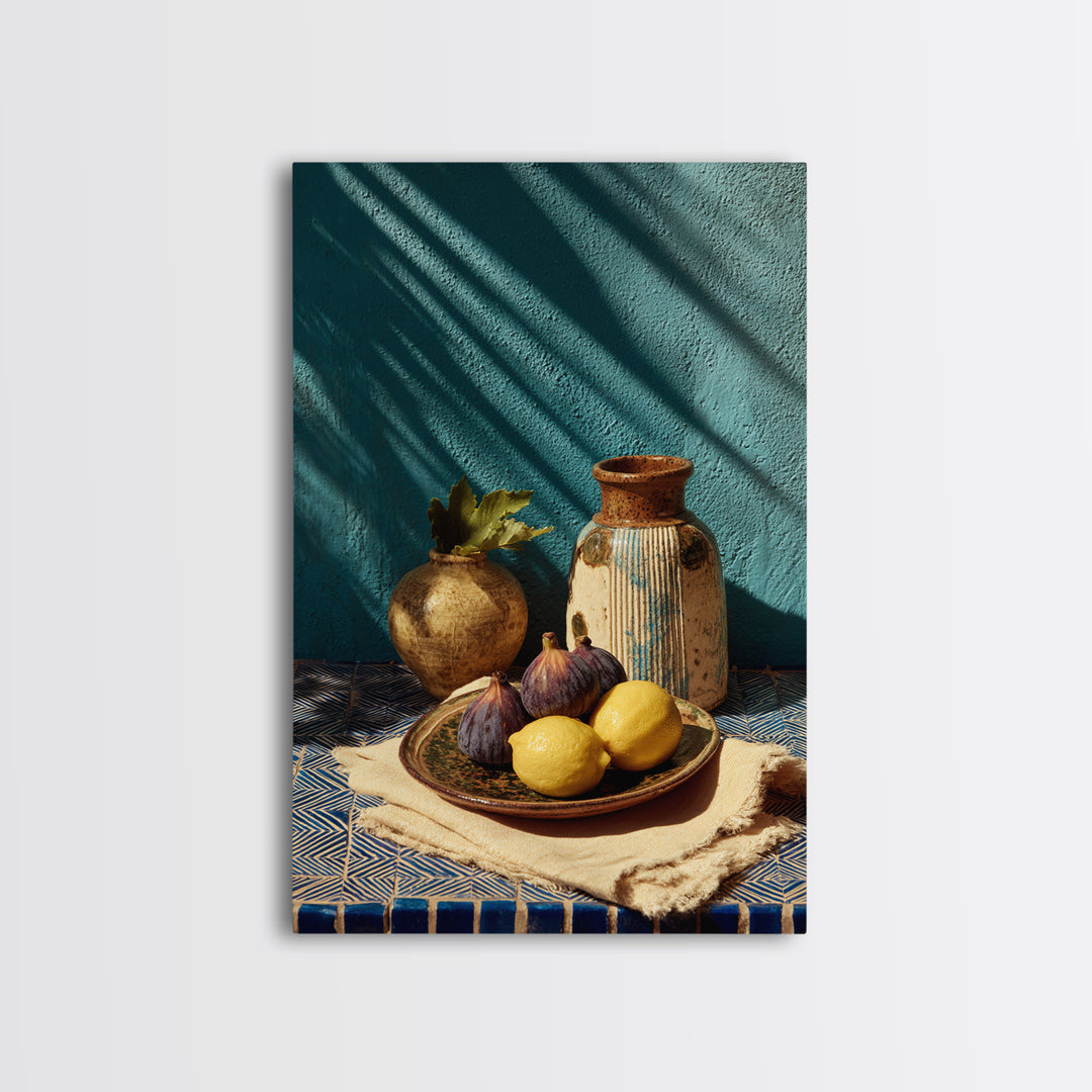 Figs on Ceramic Plate Framed Canvas Print, French Country Art, Digital Art Prints, Farmhouse Decor, Abstract Art, Country, FCA-2x3-48
