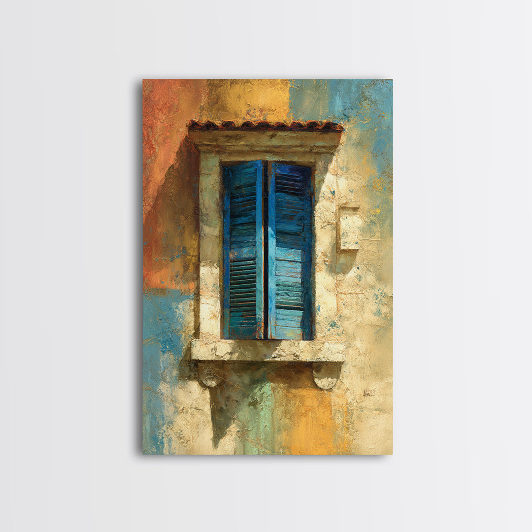 Weathered Window with Blue Shutters Framed Canvas Print, French Country Art, Boho Decor, Farmhouse Decor, Oil Painting, Country, FCA-2x3-53