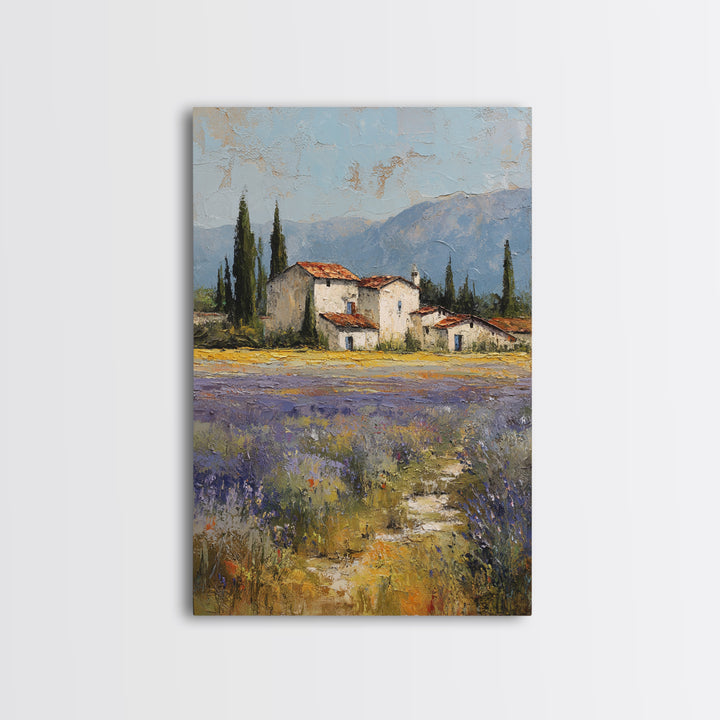 Lavender Field with Distant Stone Farmhouse Canvas Print, French Country Art, Minimalist Decor, Farmhouse Decor, Oil Painting, FCA-2x3-57