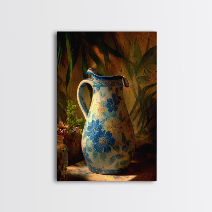 Blue and White Ceramic Pitcher Framed Canvas Print, French Country Art, Landscape Wall Art, Farmhouse Decor, Watercolor Art, FCA-2x3-59
