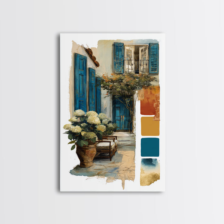 Soft Hydrangeas Beside Antique Shutters Framed Canvas Print, French Country Art, Eclectic Wall Art, Farmhouse Decor, Country, FCA-2x3-64