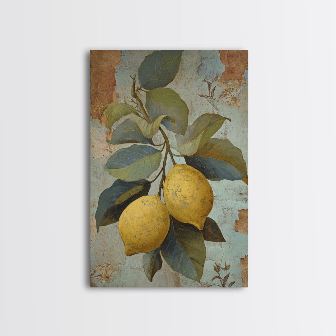 Aged Botanical Plate of Lemons and Leaves Framed Canvas Print, French Country Art, Modern Decor, Farmhouse Decor, Oil Painting, FCA-2x3-68