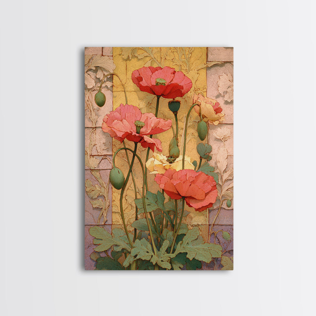 Poppies Beside a Stone Garden Wall Canvas Print, French Country Art, Digital Download Art, Farmhouse Decor, Oil Painting, FCA-2x3-71