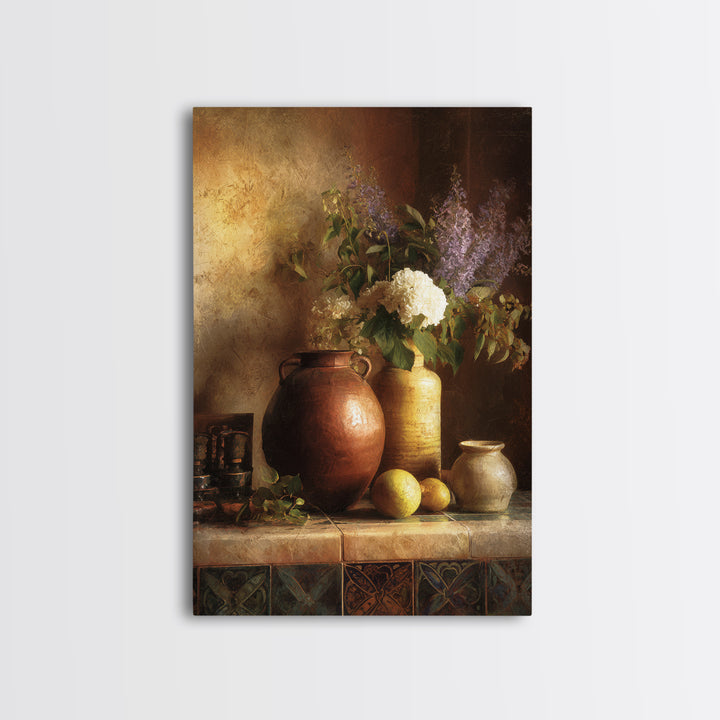 Antique Copper Pot and Flowers Still Life Framed Canvas Print, French Country Art, Digital Art, Farmhouse Decor, Watercolor Art, FCA-2x3-8