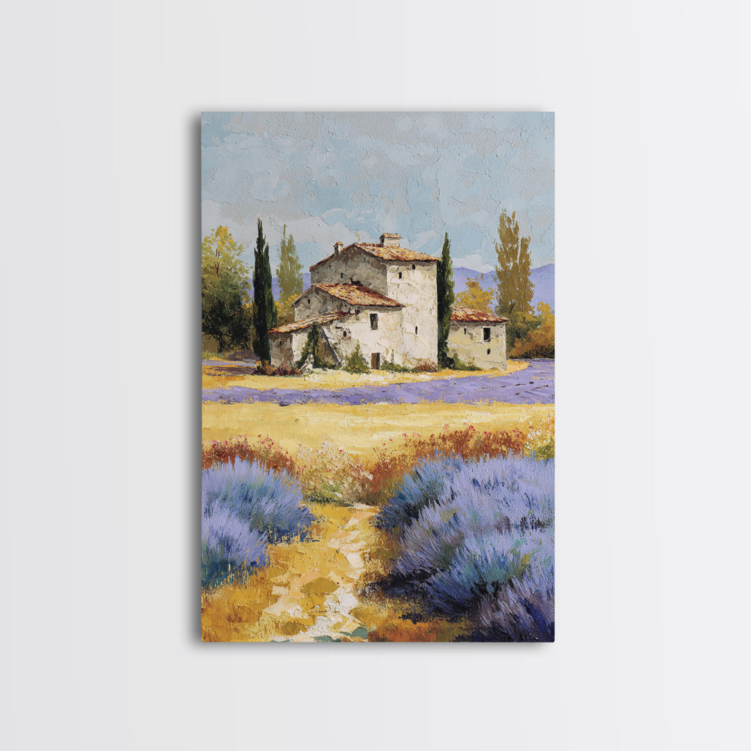 Lavender Field with Distant Stone Farmhouse Canvas Print, French Country Art, Minimalist Decor, Farmhouse Decor, Oil Painting, FCA-2x3-81