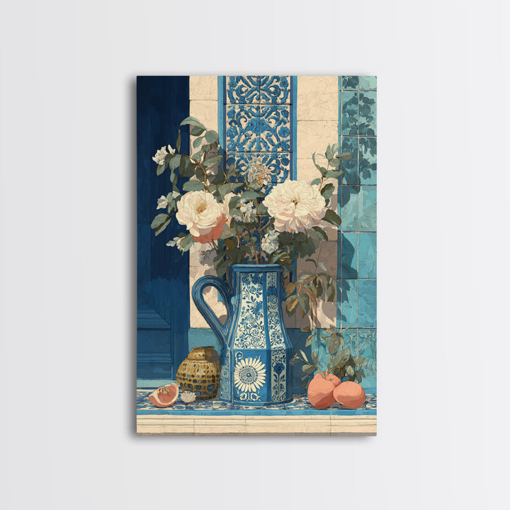 Blue and White Ceramic Pitcher Framed Canvas Print, French Country Art, Boho Decor, Farmhouse Decor, Fine Art, Country, FCA-2x3-83