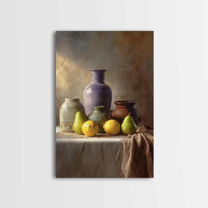 Pear Still Life on Linen Tablecloth Framed Canvas Print, French Country Art, Farmhouse Decor, Abstract Art, Country, FCA-2x3-84