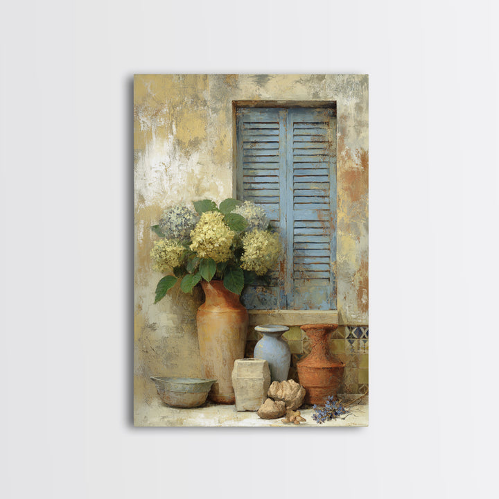 Soft Hydrangeas Beside Antique Shutters Framed Canvas Print, French Country Art, Neutral Decor, Farmhouse Decor, Country, FCA-2x3-88