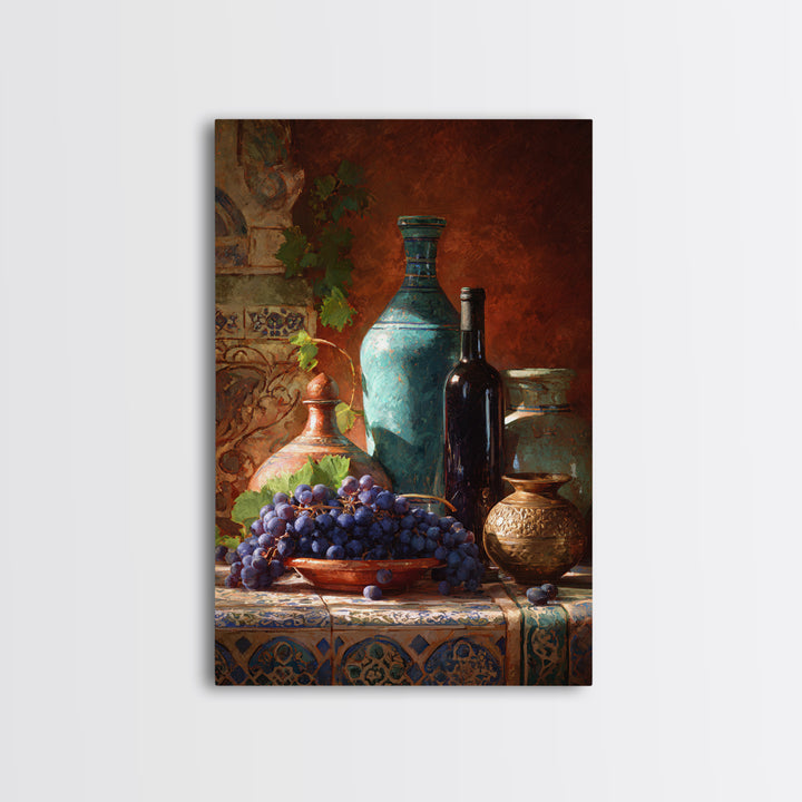 Grapes and Wine Still Life Framed Canvas Print, French Country Art, Wall Art, Farmhouse Decor, Watercolor Art, Country, FCA-2x3-89