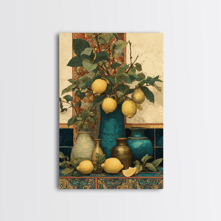 Aged Botanical Plate of Lemons and Leaves Framed Canvas Print, French Country Art, Farmhouse Decor, Fine Art, Country, FCA-2x3-92