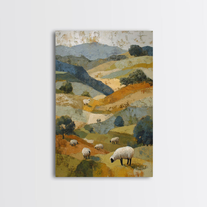 Pastoral Sheep in Rolling Countryside Framed Canvas Print, French Country Art, Textured Painting, Farmhouse Decor, Country, FCA-2x3-94