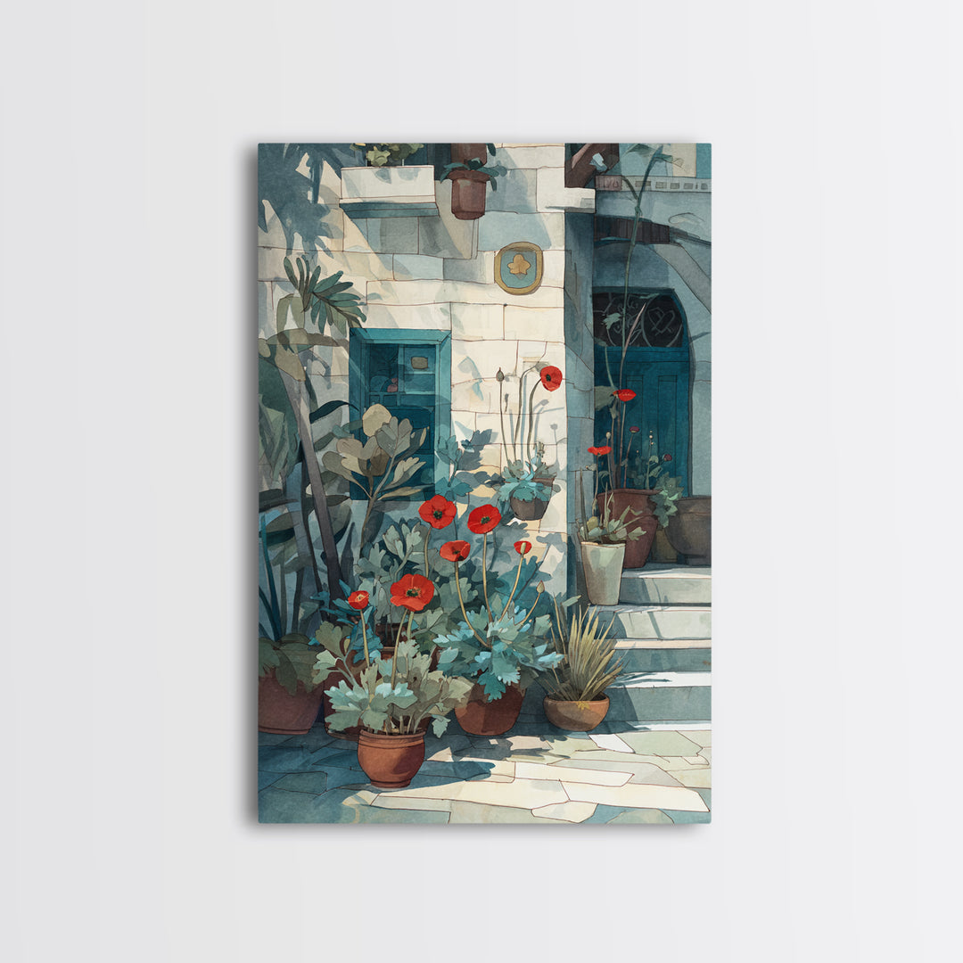Poppies Beside a Stone Garden Wall Canvas Print, French Country Art, Art Print, Farmhouse Decor, Watercolor Art, Country, FCA-2x3-95