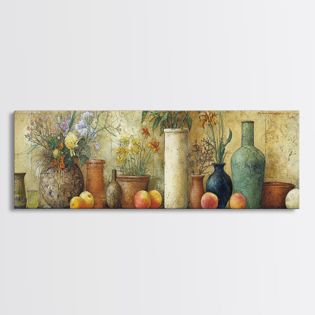 Basket of Fresh Peaches and Wildflowers Framed Canvas Print, French Country Art, Eclectic Wall Art, Farmhouse Decor, Country, FCA-3x1-12