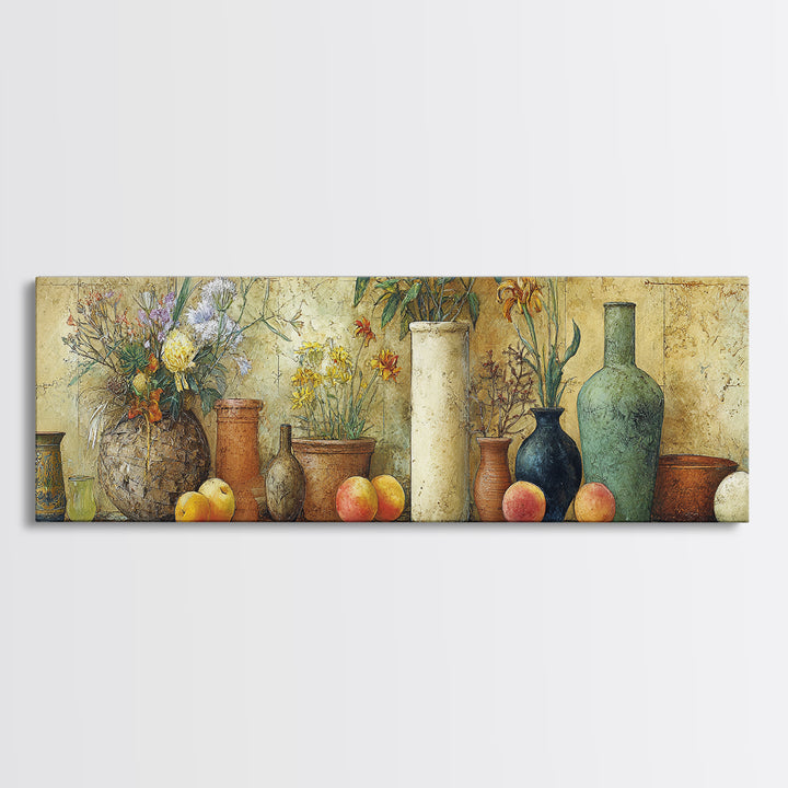 Basket of Fresh Peaches and Wildflowers Framed Canvas Print, French Country Art, Eclectic Wall Art, Farmhouse Decor, Country, FCA-3x1-12
