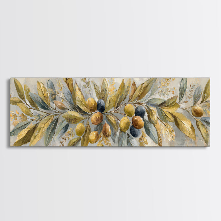 Olive Branch Wreath on Cream Ground Canvas Print, French Country Art, Landscape Painting, Farmhouse Decor, Watercolor Art, FCA-3x1-14