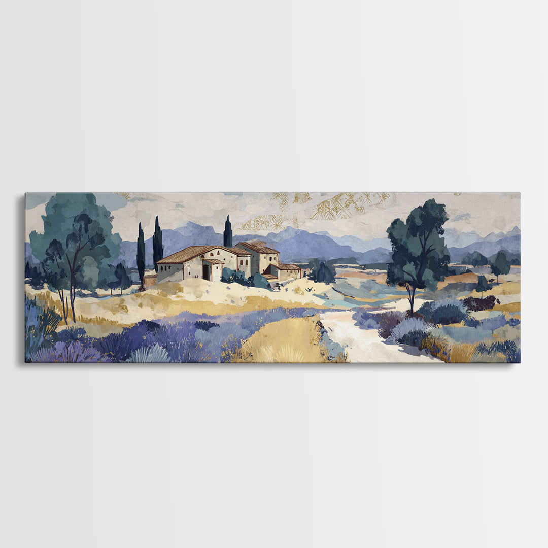Lavender Field with Distant Stone Farmhouse Canvas Print, French Country Art, Printable Wall Art, Farmhouse Decor, Country, FCA-3x1-17
