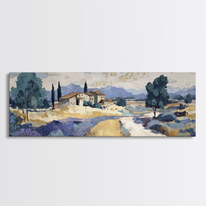 Lavender Field with Distant Stone Farmhouse Canvas Print, French Country Art, Printable Wall Art, Farmhouse Decor, Country, FCA-3x1-17