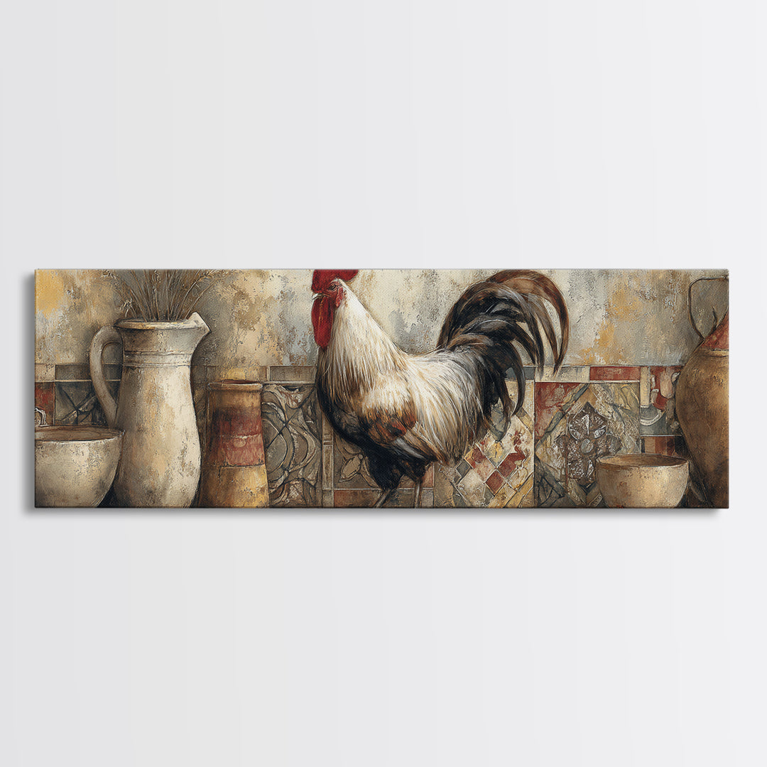 Rooster Portrait in Rustic French Palette Framed Canvas Print, French Country Art, Contemporary Art, Farmhouse Decor, Country, FCA-3x1-18