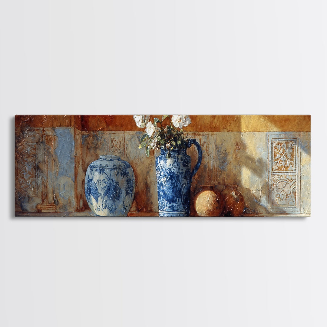 Blue and White Ceramic Pitcher Canvas Print, French Country Art, Digital Download Art, Farmhouse Decor, Watercolor Art, Country, FCA-3x1-19