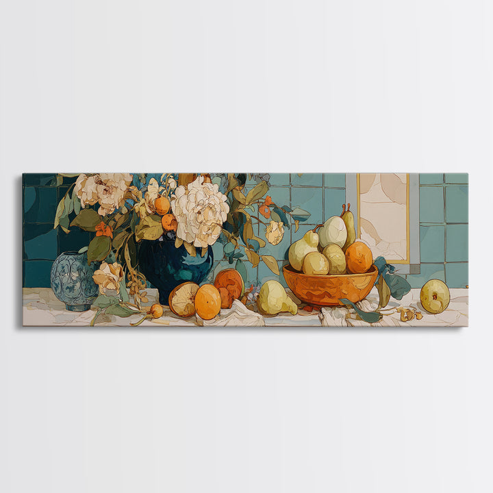 Pear Still Life on Linen Tablecloth Canvas Print, French Country Art, French Country, Farmhouse Decor, Fine Art, Country, FCA-3x1-20