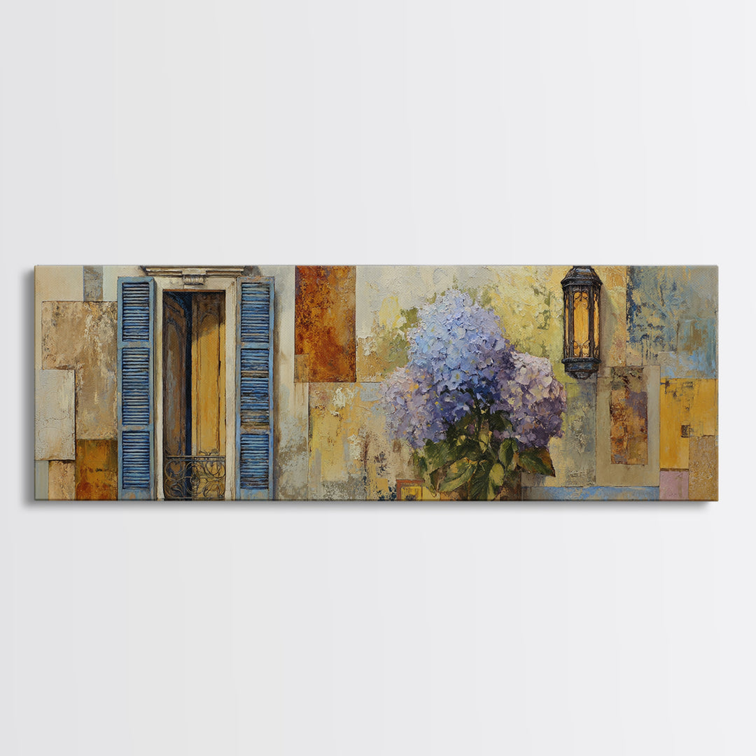 Soft Hydrangeas Beside Antique Shutters Canvas Print, French Country Art, Farmhouse Wall Art, Farmhouse Decor, Country, FCA-3x1-24