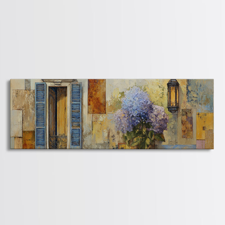 Soft Hydrangeas Beside Antique Shutters Canvas Print, French Country Art, Farmhouse Wall Art, Farmhouse Decor, Country, FCA-3x1-24