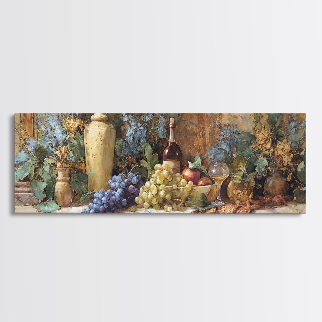 Grapes and Wine Still Life Canvas Print, French Country Art, Oil Painting, Farmhouse Decor, Abstract Art, Country, FCA-3x1-25