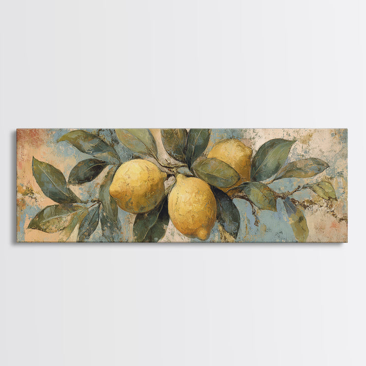 Aged Botanical Plate of Lemons and Leaves Canvas Print, French Country Art, Landscape Wall Art, Farmhouse Decor, Country, FCA-3x1-28