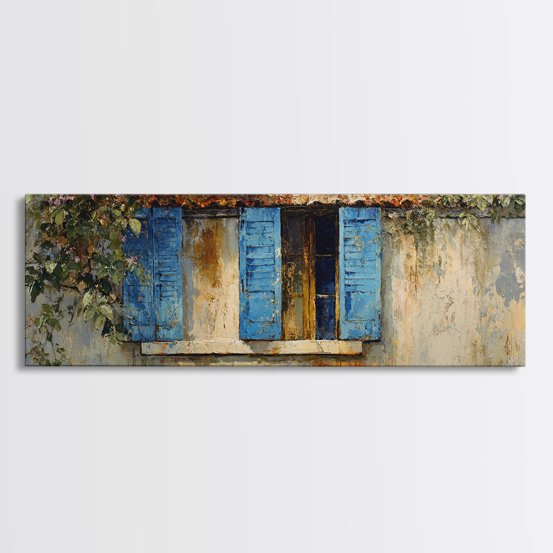 Weathered Window with Blue Shutters Framed Canvas Print, French Country Art, Digital Art, Farmhouse Decor, Watercolor Art, FCA-3x1-37