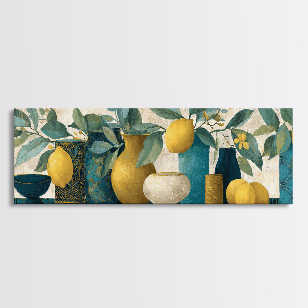 Aged Botanical Plate of Lemons and Leaves Canvas Print, French Country Art, Botanical Wall Art, Farmhouse Decor, Watercolor Art, FCA-3x1-4