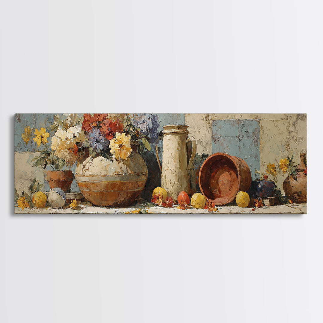 Antique Copper Pot and Flowers Still Life Canvas Print, French Country Art, Digital Download Art, Farmhouse Decor, Oil Painting, FCA-3x1-40