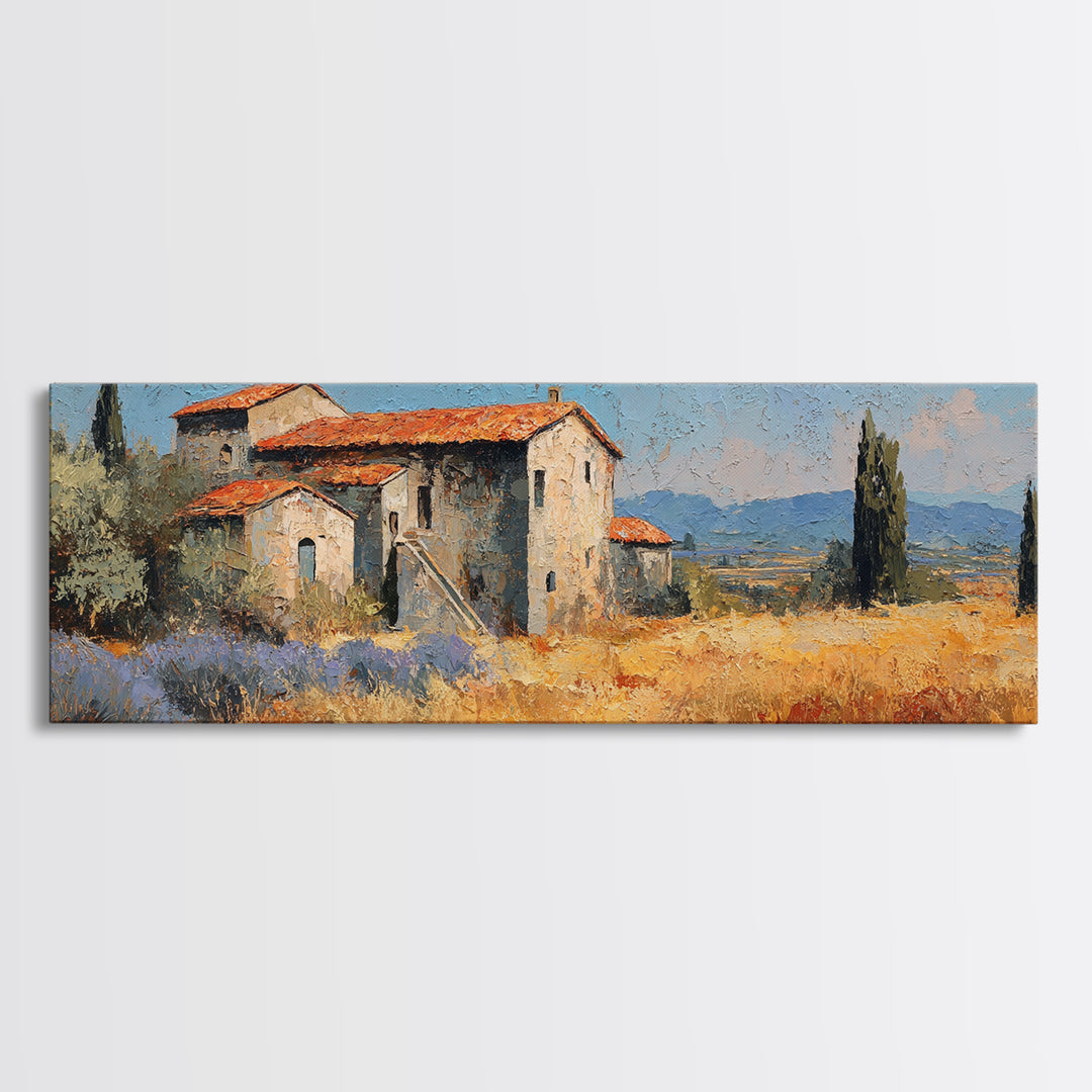 Lavender Field with Distant Stone Farmhouse Canvas Print, French Country Art, Printable Art, Farmhouse Decor, Watercolor Art, FCA-3x1-41