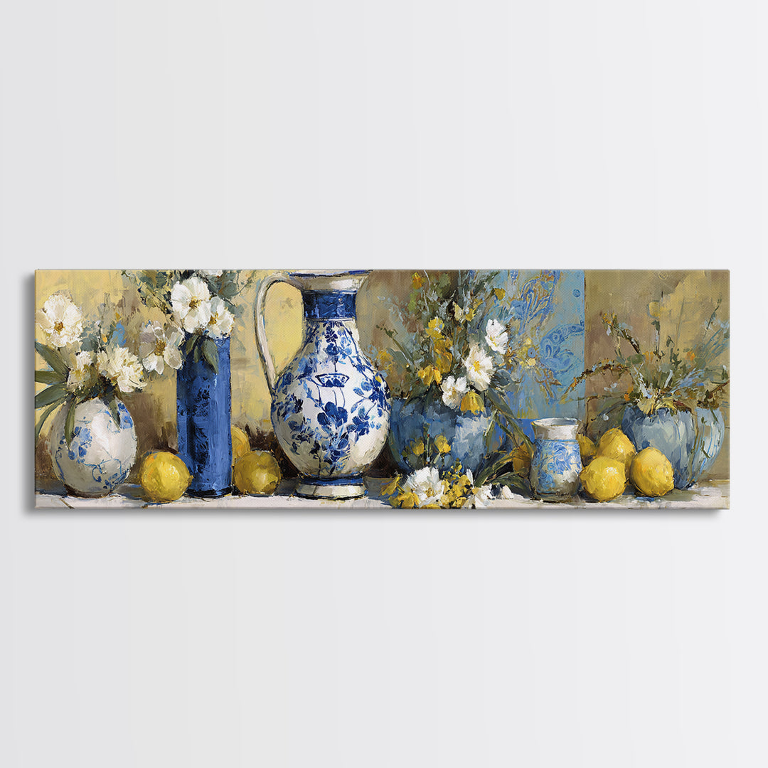 Blue and White Ceramic Pitcher Canvas Print, French Country Art, Art Print, Farmhouse Decor, Country, Digital Wall Art, FCA-3x1-43