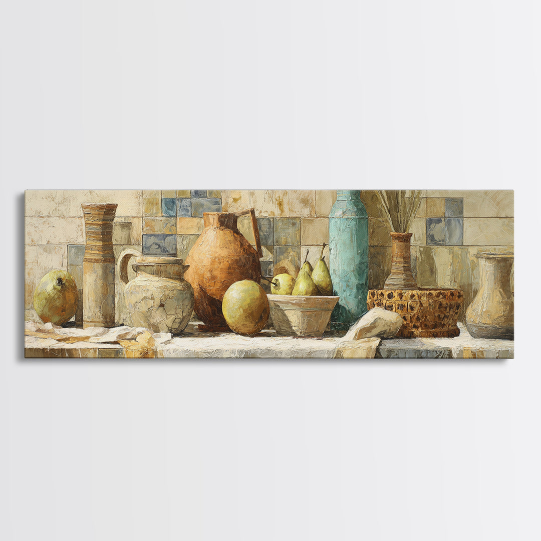 Pear Still Life on Linen Tablecloth Framed Canvas Print, French Country Art, Above Bed Art, Farmhouse Decor, Abstract Art, FCA-3x1-44