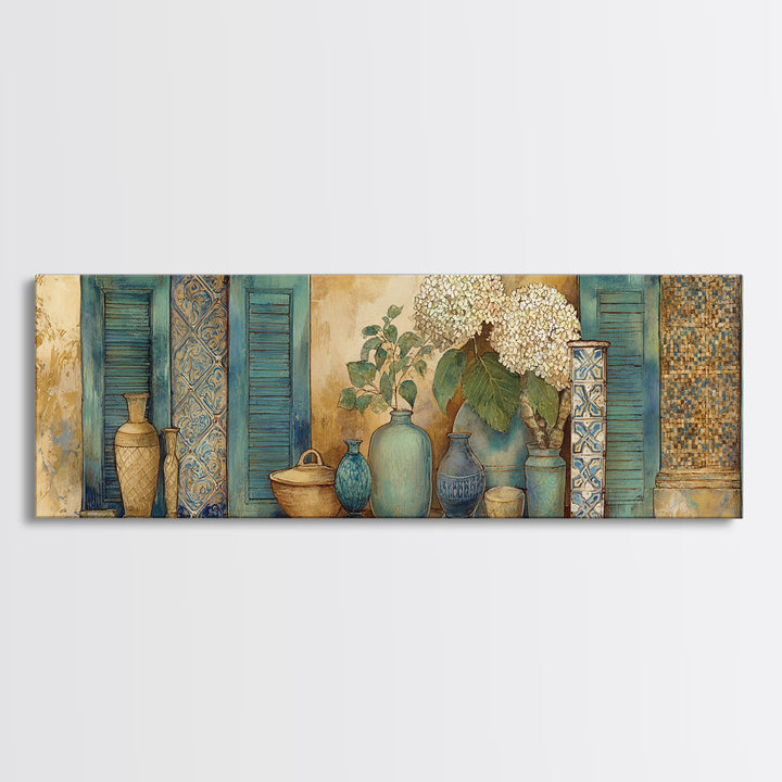 Soft Hydrangeas Beside Antique Shutters Canvas Print, French Country Art, Statement Artwork, Farmhouse Decor, Fine Art, Country, FCA-3x1-48