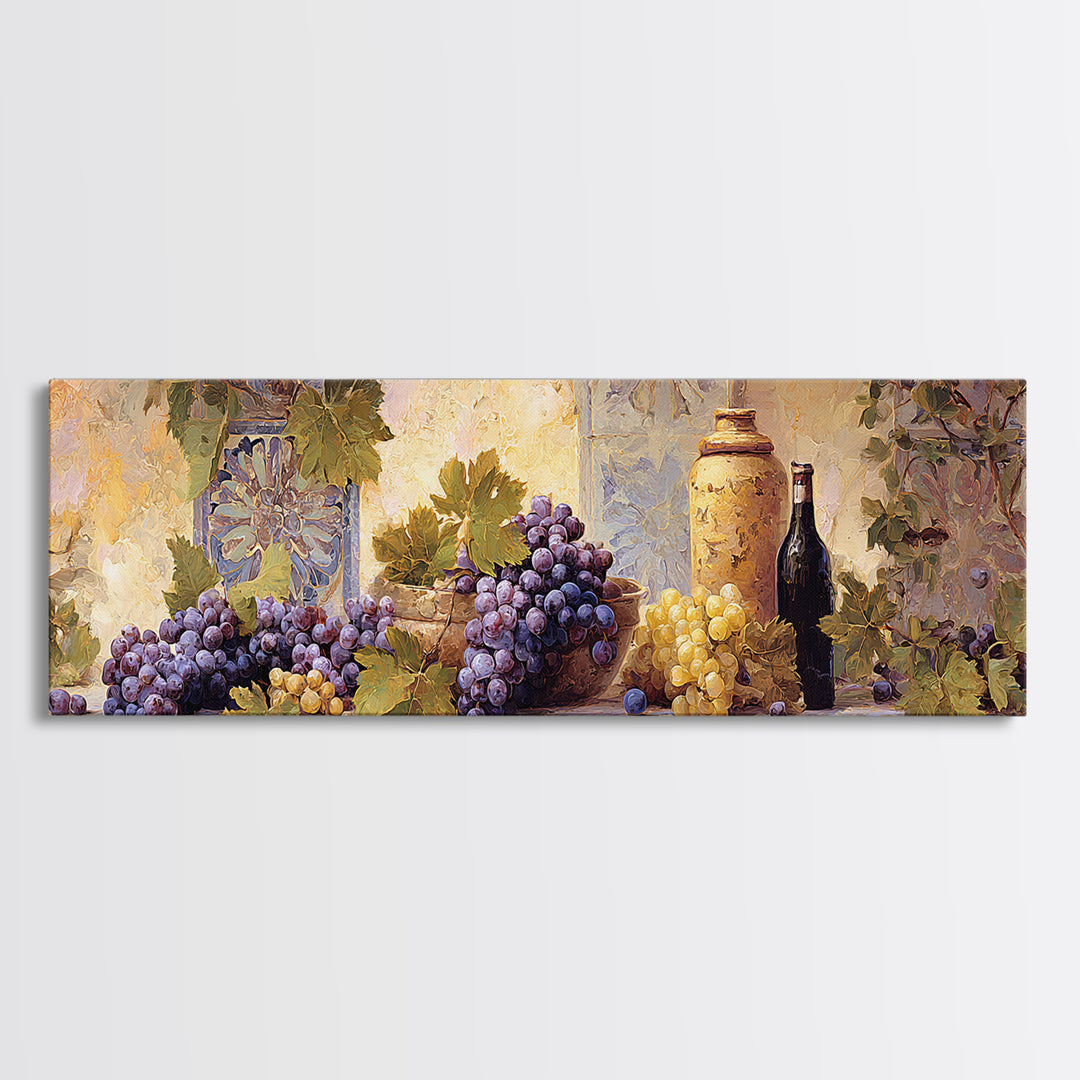 Grapes and Wine Still Life Canvas Print, French Country Art, Oil Painting, Farmhouse Decor, Abstract Art, Country, FCA-3x1-49